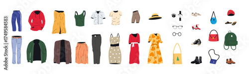 Clothing set showing a collection of different garments and accessories representing fashion and dress-up. Flat style stock vector illustration.