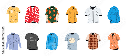 Set of various stylish men's clothing items including different shirts and vests for fashion and apparel concept.