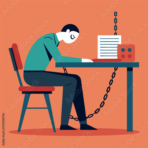 Conceptual flat illustration of burnout and overwork, showing a tired employee chained to a desk with a laptop, symbolizing digital stress and work pressure