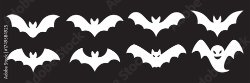 Set of 6 Black Halloween Bat Silhouette Icons on White Background – Vector Illustration for Spooky Holiday Designs, Party Decor, and Seasonal Graphics