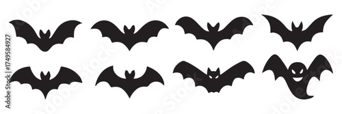 Set of 6 Black Halloween Bat Silhouette Icons on White Background – Vector Illustration for Spooky Holiday Designs, Party Decor, and Seasonal Graphics
