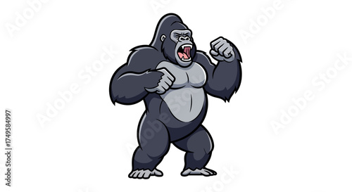 Roaring gorilla cartoon character with fists up, ready to fight or defend its territory, ideal for branding, mascots, or dynamic designs