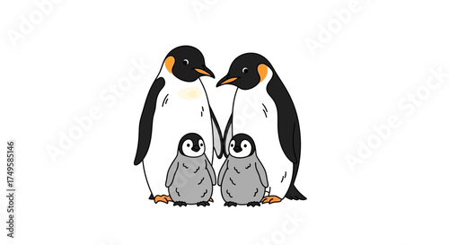 Adorable penguin family huddled together on the ice, a heartwarming scene of animal love and protection for children's storybooks or educational materials