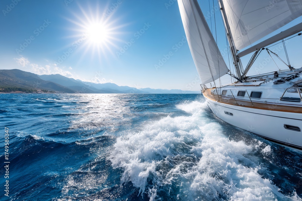 Fototapeta premium Sailboat cruising blue ocean water on sunny day