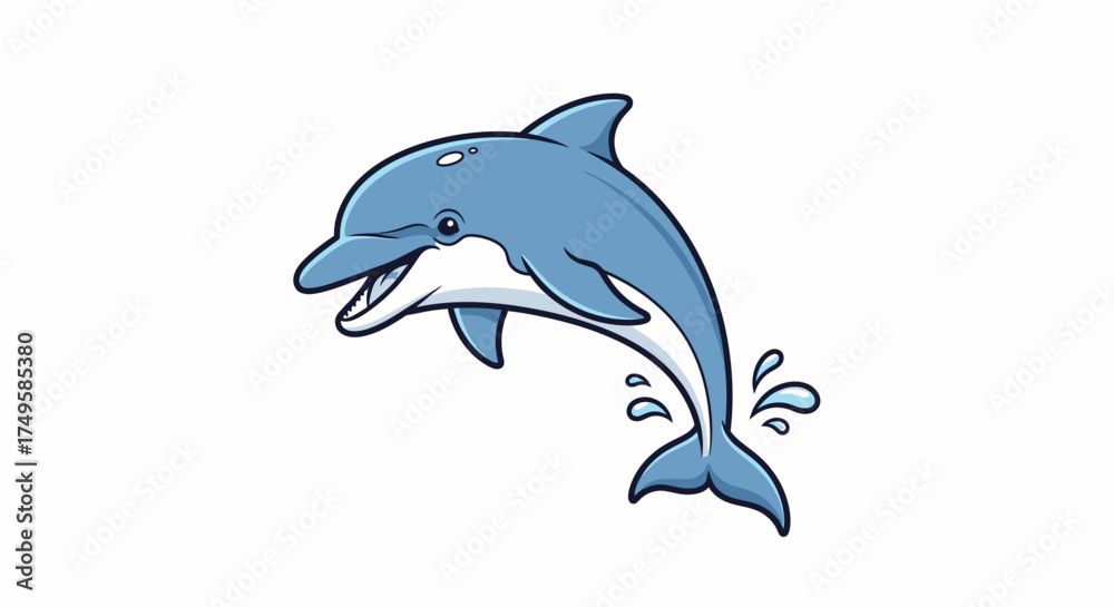 Fototapeta premium Playful cartoon dolphin leaping joyfully from the ocean with bright, cheerful animation ideal for children's books and educational marine life resources
