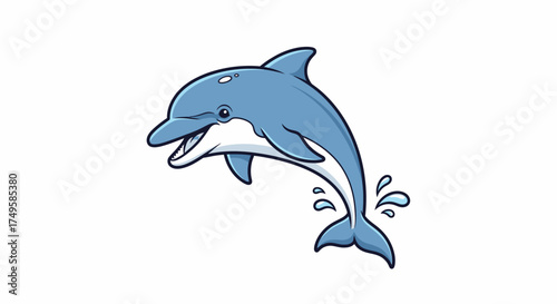 Playful cartoon dolphin leaping joyfully from the ocean with bright, cheerful animation ideal for children's books and educational marine life resources