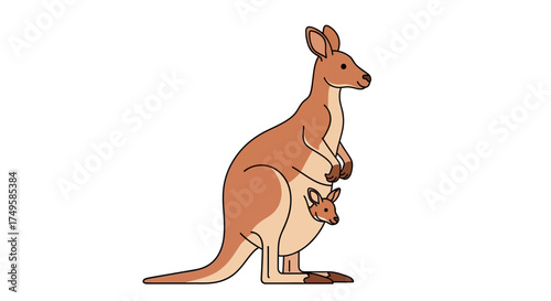 Adorable kangaroo with baby joey in pouch, delightful wildlife illustration perfect for children's books, educational resources, and nature-themed designs