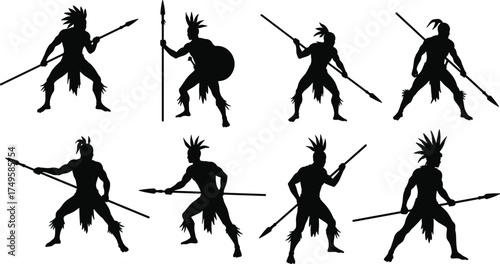 African Tribal Warrior Silhouette Collection, Set of Six Isolated Vector Graphics, Native Hunter with Spear and Headdress, Indigenous Culture and Ethnic History, Action Pose Clipart.