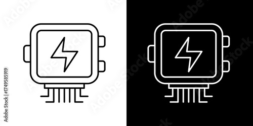 Power supply unit line icon with lightning bolt symbol. Vector illustration of an electrical transformer or voltage converter