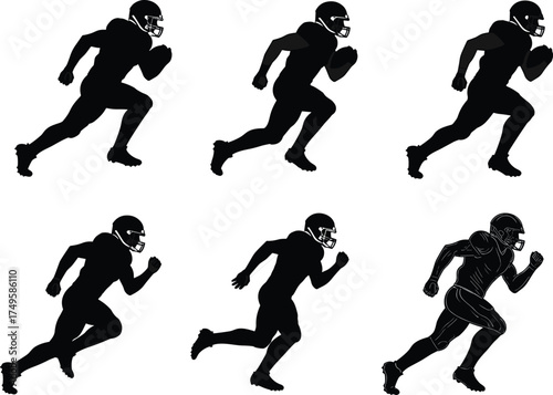 American football player silhouette running with ball, athletic motion sequence, sports training pose, dynamic sprint action, helmet gear, vector illustration, isolated design