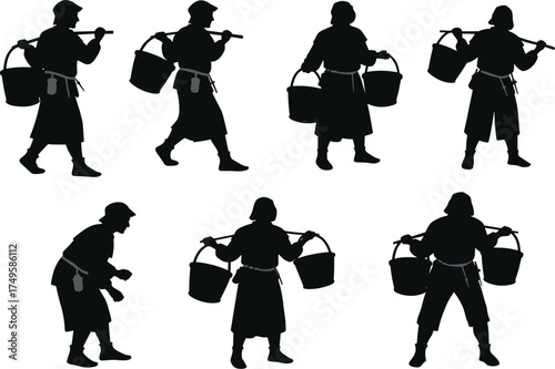 Medieval Peasant Water Carrier Silhouette Collection, Set of Eight Isolated Vector Graphics, Historical Laborer with Yoke and Buckets, Renaissance Era Daily Life and Rural Work.