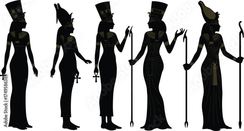 Ancient Egyptian Queen and Goddess Silhouette Collection, Set of Five Isolated Vector Graphics, Pharaonic Headdress and Ankh, Historical Mythology Character, Cleopatra or Nefertiti.