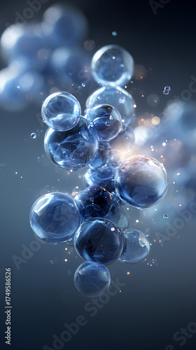 Cluster of semi transparent glowing blue and white molecules suspended in air with glass reflections and metallic shimmer in dark gradient background
