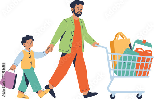 Father and child shopping vector, family outing illustration, grocery cart scene, casual lifestyle artwork, supermarket activity, parenting moment, bonding concept
