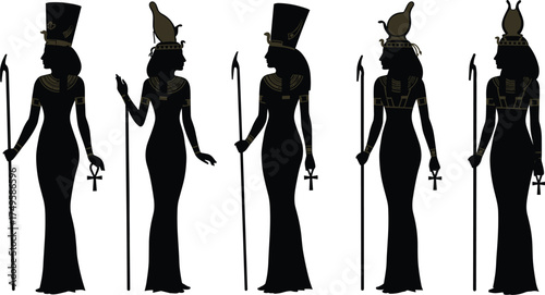 Ancient Egyptian Queen and Goddess Silhouette Collection, Set of Five Isolated Vector Graphics, Pharaonic Headdress and Ankh, Historical Mythology Character, Cleopatra or Nefertiti.