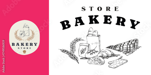 Bakery logo and wreath label badge template and pictorial illustration hand drawn style of baking bread dough kitchen utensils and some wheat stalk set element