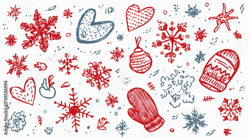 Cute winter objects collection with snowflakes and mittens scattered in random pattern