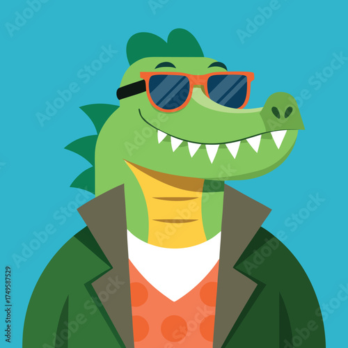 Cool cartoon crocodile wearing sunglasses and a leather jacket, smiling confidently