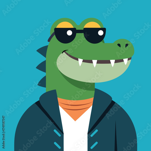 Cool cartoon crocodile wearing sunglasses and a leather jacket, smiling confidently