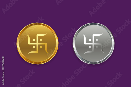 Gold and Silver Coin with Swastika for Akshaya Tritiya, Dhanteras, Lakshmi Pooja, Diwali and Shubh Labh Pancham Festival Vector Illustration