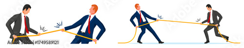 Two business men in a tug of war game. Businessman conflict concept. Business competition, dispute, rivalry, and challenge visualization.