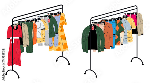 Clothes on hangers in a boutique. Two clothing racks with various apparel items for sale at a store. Fashion retail and shopping concept.