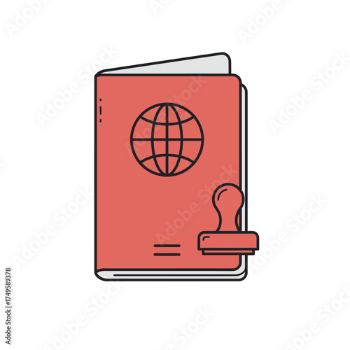 Outline icon representing an official passport with an approval stamp, symbolizing global identity and approved international travel