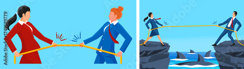 Woman and man playing tug of war game, concept of business competition and rivalry. Woman and man pulling rope over shark water, business risk.