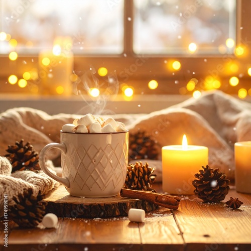 Cozy winter scene with candles and coffee