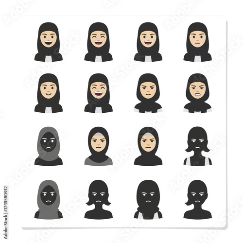 Diverse Collection of Muslim Women Avatars with Varied Expressions.