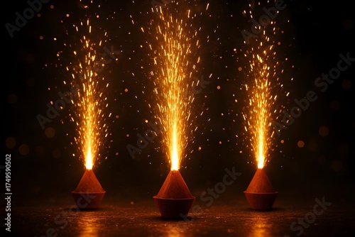  Burning Anars with Golden Spark Show on Diwali Night,Festive Firework Fountains Creating Golden Aura for Festival Celebration,generative ai