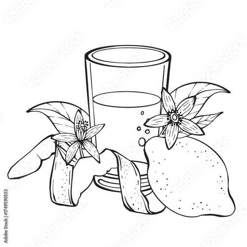 Linear vector drawing of lemon with peel, flowers, and glass of juice. Black and white citrus illustration for coloring books, design, labels, packaging, and natural product logos.