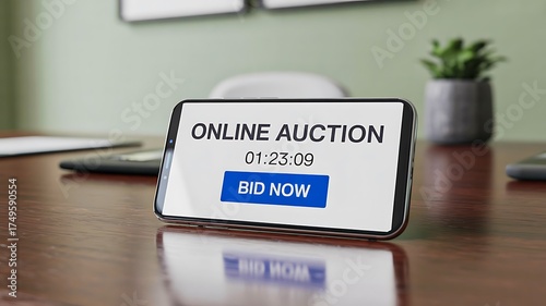  Smartphone Online Auction Countdown with Bid Now Button and 2026 Digital Concept Background 
