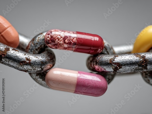 The chain of pills is like a drug dependence and a binding system.