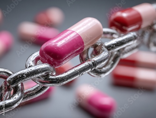 The chain of pills is like a drug dependence and a binding system.