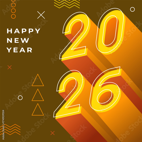 Happe New Year 2026 poster design with voluminous 3d numbers in yellow color