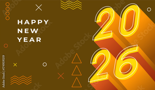 Happe New Year 2026 poster design with voluminous 3d numbers in yellow color
