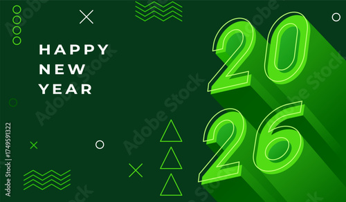 Happe New Year 2026 poster design with voluminous 3d numbers in green color