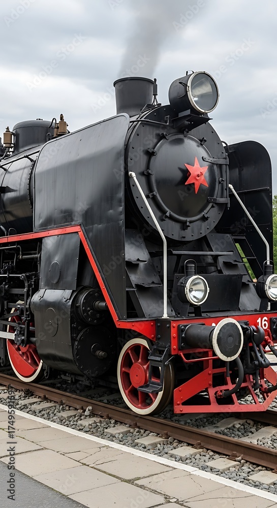 Obraz premium Steam Locomotive on Display - A Classic Train Engine in Detail.