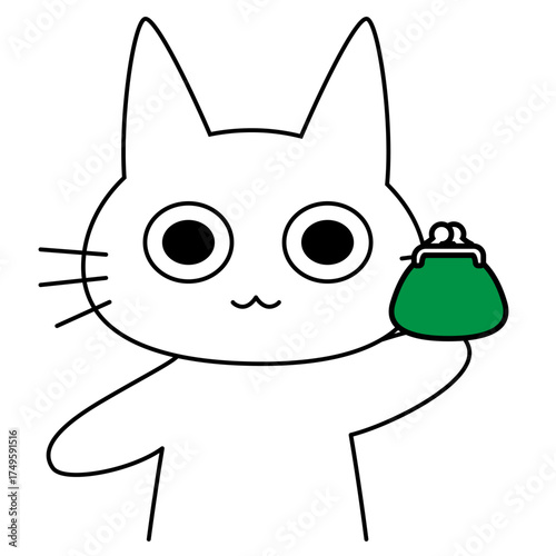 がま口財布を持つ猫キャラクターのかわいいベクターイラスト。節約、家計管理、貯金、副業、通販、マネー教育、金銭感覚などをテーマにしたデザイン素材に最適。