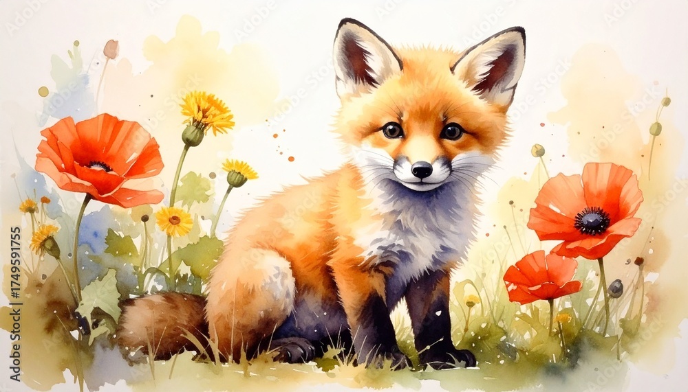 Obraz premium Fuchsbaby auf der Blumenwiese
