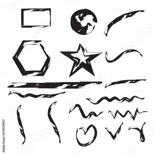 Collection of Black Ink Sketch Elements - Hand-Drawn Star, Heart, and Geometric Shapes
