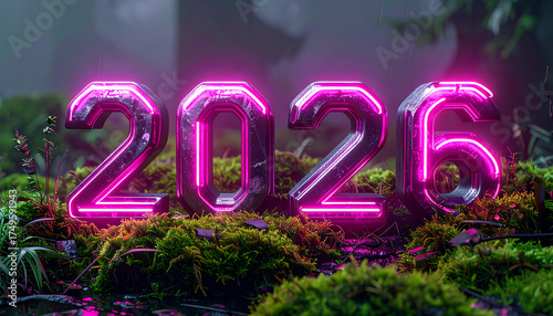 Glowing Neon 2026 Numbers in Lush Forest Setting.