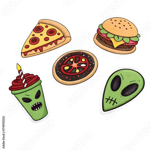 Cartoon Halloween Fast Food and Alien Stickers Set - Spooky Pizza, Burger, Drink, Cookie, and Extraterrestrial Head