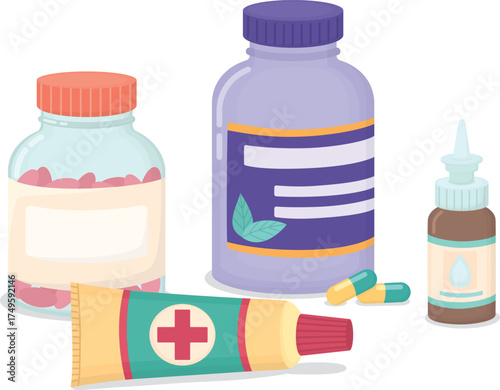 Still life with medicine bottles with capsules, nasal spray and ointment tube. Illustration with pharmaceutical products