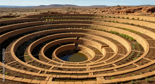Ancient terraced amphitheater with concentric stone seating and central arena in arid landscape. Architectural ruins featuring circular design and erosion patterns. Concept for historical heritage,