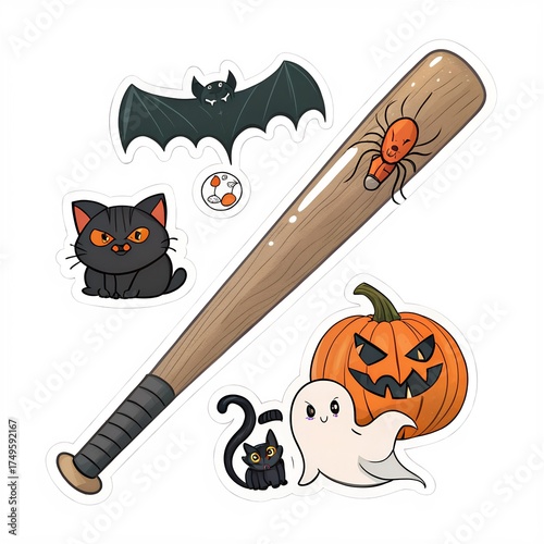 Cute Halloween Sticker Pack with Baseball Bat, Bat, Black Cat, Spider, Ghost, and Pumpkin
