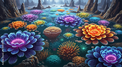 Fantasy landscape showcases vividly colored flower garden in otherworldly setting. This flower garden blooms with luminous flora, set among bizarre rock formations and ethereal atmosphere,