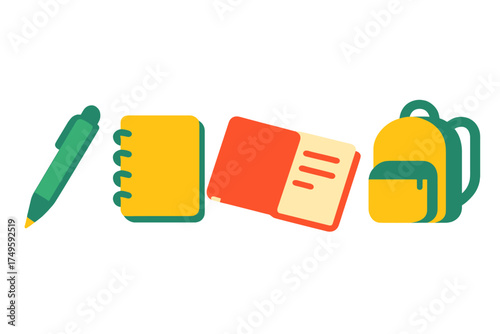 Vibrant collection of essential school supplies icons featuring pen, notebook, and backpack