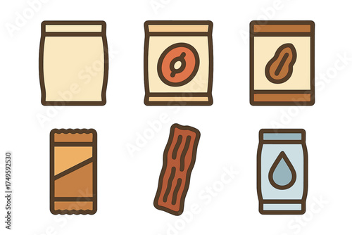 Stylized icons of assorted food and ingredient packaging elements